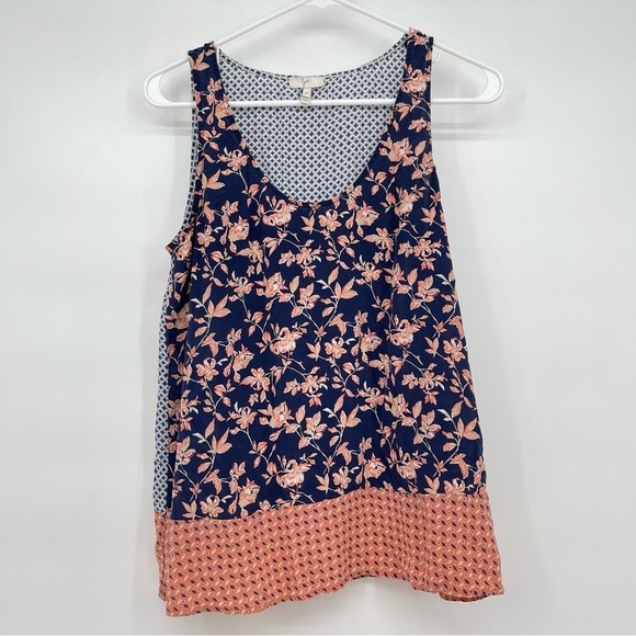 JOIE Floral Sleeveless Pure Silk Top Navy Blue Peach Medium - Picture 2 of 7